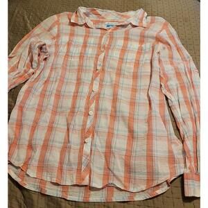 Columbia PFG Women’s Large Plaid Button Up Shirt Orange Blue Long Sleeve Fishing